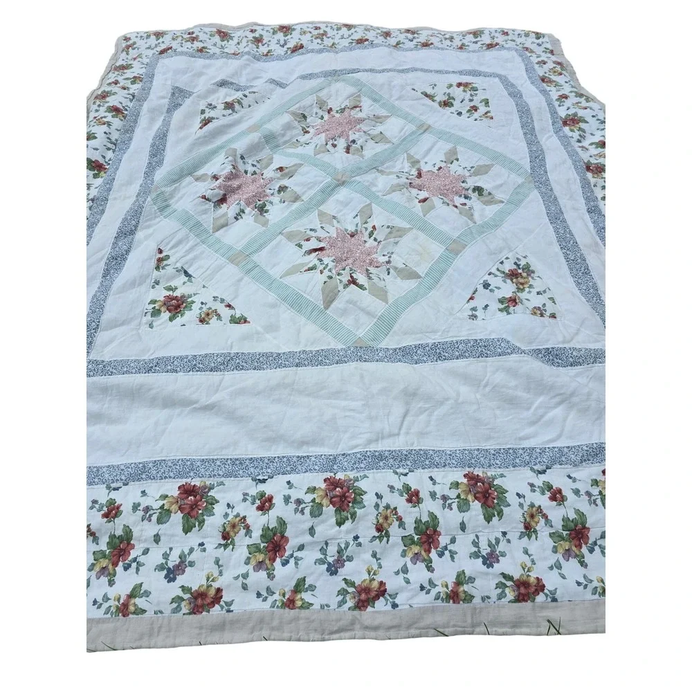Handmade Patchwork Star Floral Quilt White Pink Green Farmhouse Cottagecore
